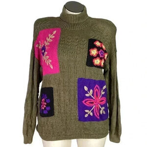 Vintage 80s Sweater Womens L Green Multi Floral Embroidered Long Sleeves Chunky